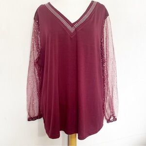 Unbranded Elegant Burgundy V-Neck Knit Top with Sparkly Sheer Tulle Sleeves 5X